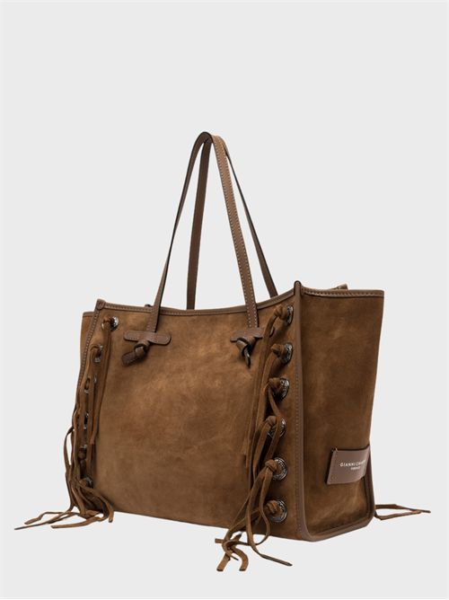 Shopping bag in pelle scamosciata con frange e borchie GIANNI CHIARINI MARCELLA | BS12080CMFRCOGNAC